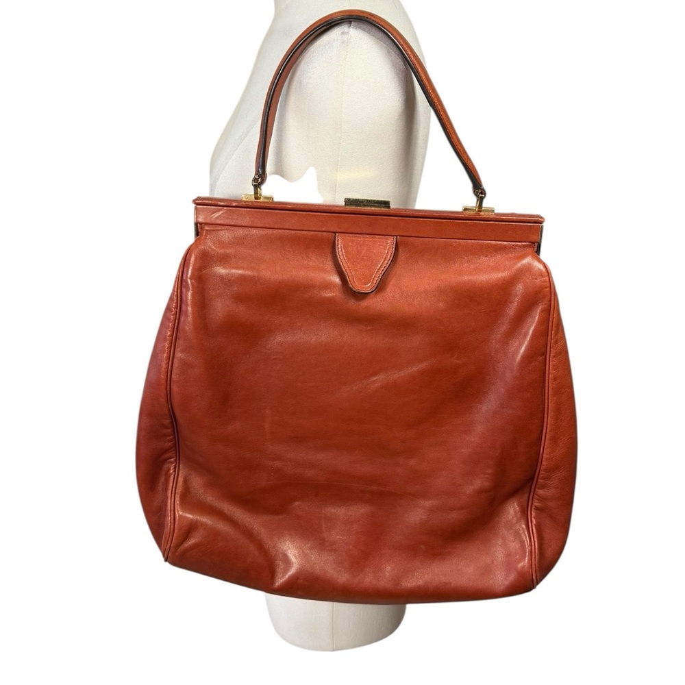 Vintage Rochas Leather Top Handle Frame Bag Burnt Orange Large